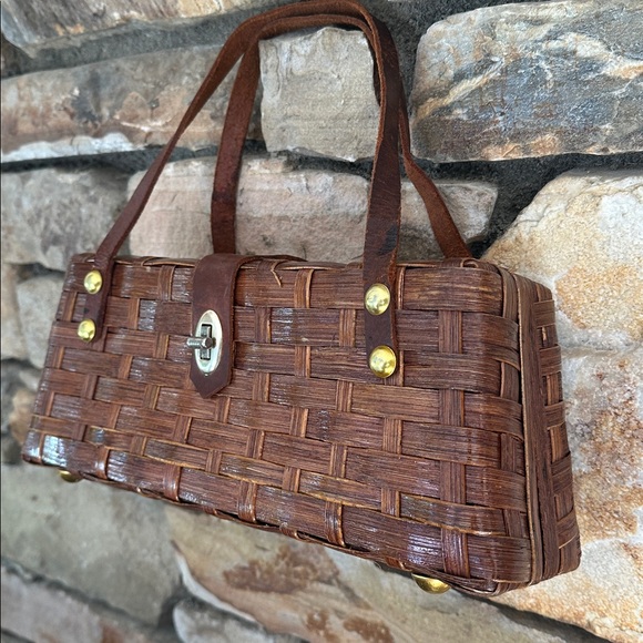 Simon Straw Bags Vintage basket, weave wicker purse with leather - Picture 3 of 16